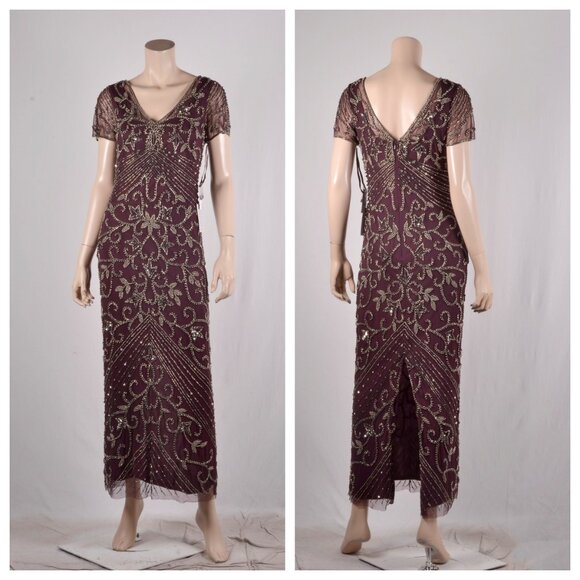 Pisarro Nights Beaded Mesh Column Gown in Wine - Picture 4 of 4